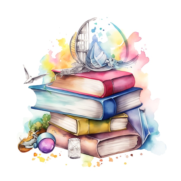 Beautiful Watercolor Fantasy bookshelf clipart illustration Background Generative Ai