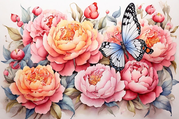 美しい水彩の花の背景でピオニー花の蝶