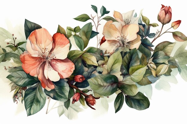 Beautiful watercolor floral composition with flowers and leaves Illustration