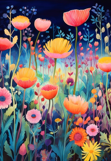 Beautiful watercolor flowers in the garden watercolor floral illustrations with saturated colors