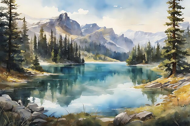 Beautiful Watercolor Lake View Landscape Wallpaper