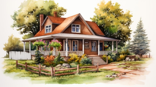 Beautiful Watercolor Painting Of A Country Cottage In Comic Art Style