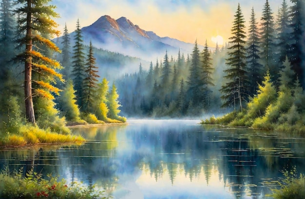 Photo beautiful watercolor painting of a lake with trees and mountains