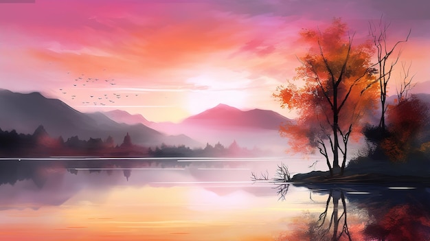 A Beautiful Watercolor Painting Nature Lovely Place with Mountains Trees Birds with Water river