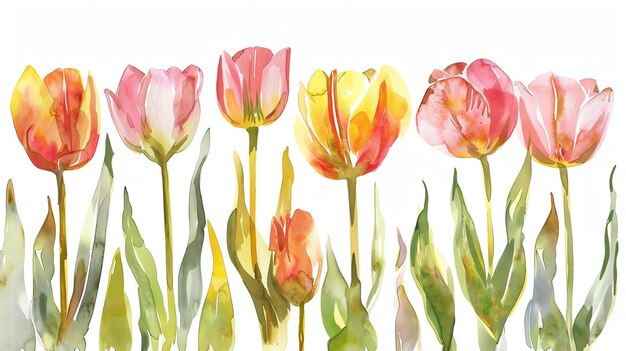 A beautiful watercolor painting of tulips in a row The tulips are in various shades of red pink and yellow and the leaves are a light green color