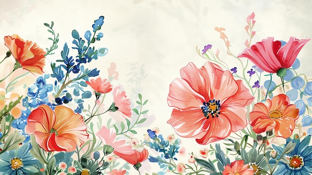 Photo a beautiful watercolor painting of a variety of flowers the flowers are arranged in a loose organic way and the colors are vibrant and saturated