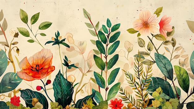 a beautiful watercolor painting of a variety of flowers and leaves