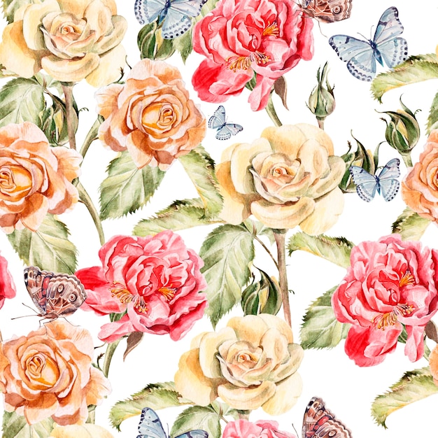 Beautiful watercolor pattern with butterflies, flowers of peony and roses. Illustration