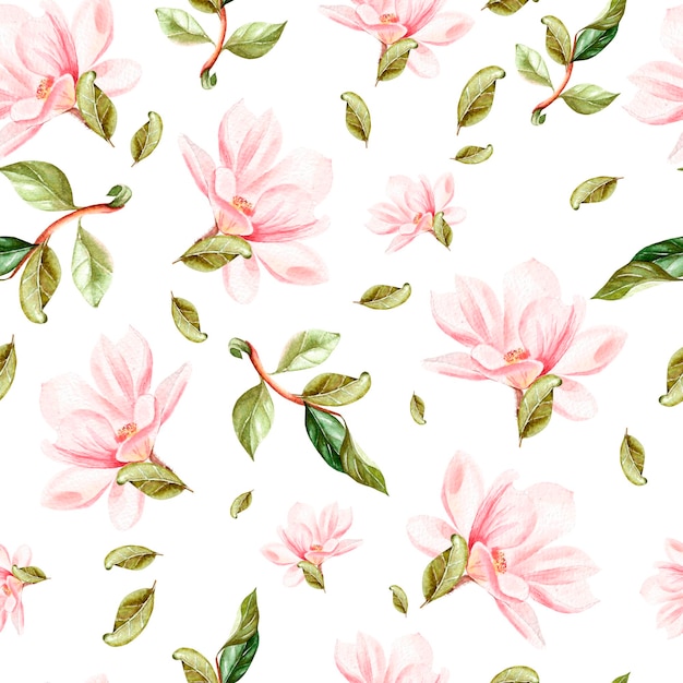 Beautiful watercolor pattern with flowers and leaves of magnolia