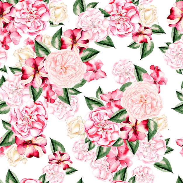 Beautiful watercolor pattern with flowers rose peony and petunia flowers