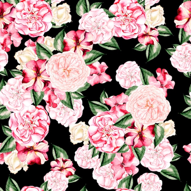 Beautiful watercolor pattern with flowers rose peony and\
petunia flowers