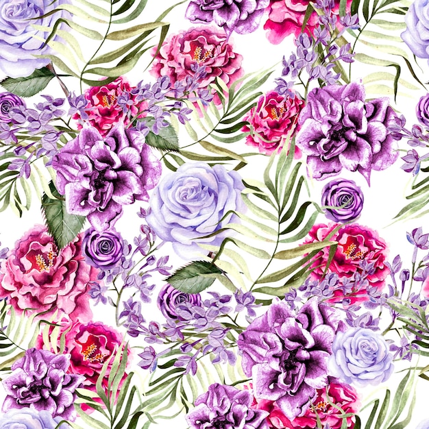 Beautiful watercolor pattern with peony and rose flowers lilac and tropical leaves