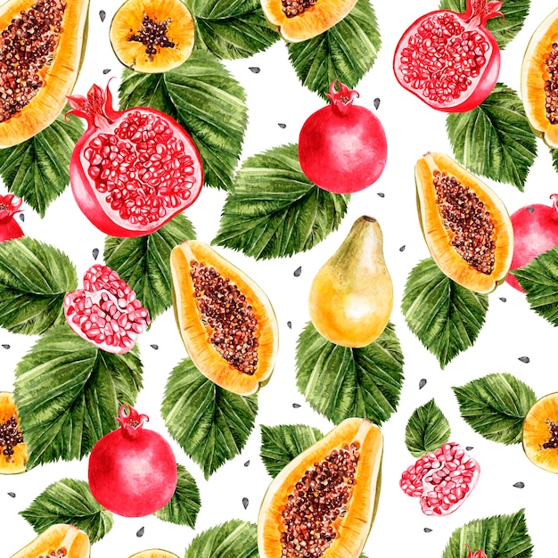 Beautiful watercolor pattern with pomegranates and papaya fruit