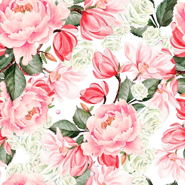 Beautiful watercolor pattern with roses peony and magnolia flowers Illustration