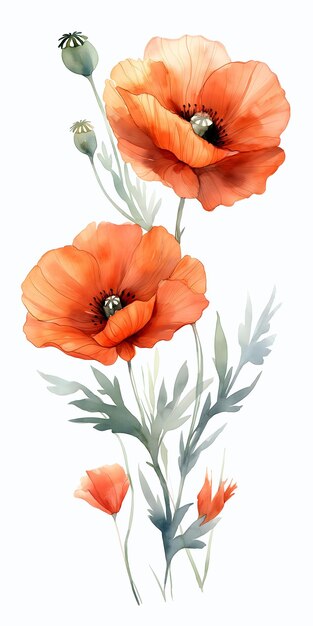 Photo beautiful watercolor poppie on white background with clipping path