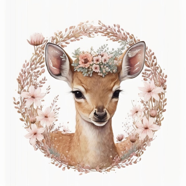 Beautiful watercolor realistic fawn in a romantic flower wreath