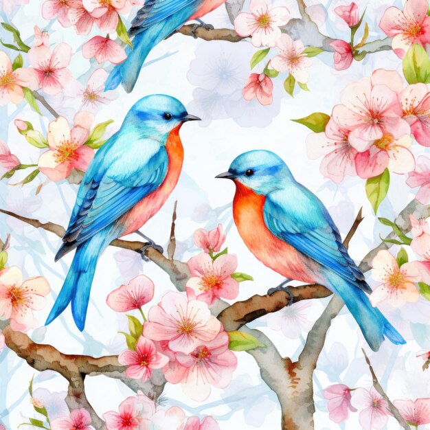 Beautiful watercolor seamless pattern with birds on branch