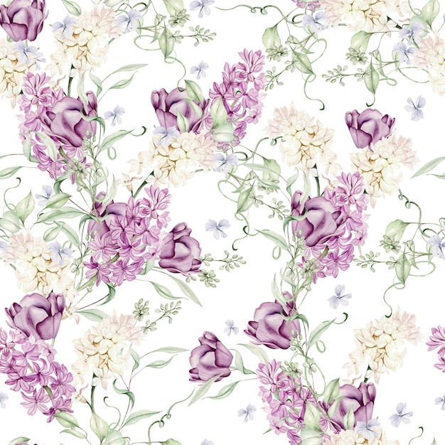 Beautiful watercolor seamless pattern  with different flowers of hyacinth tulips violet Illustration