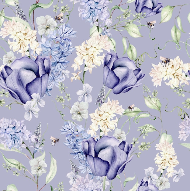 Beautiful watercolor seamless pattern  with different flowers of hyacinth tulips violet Illustration