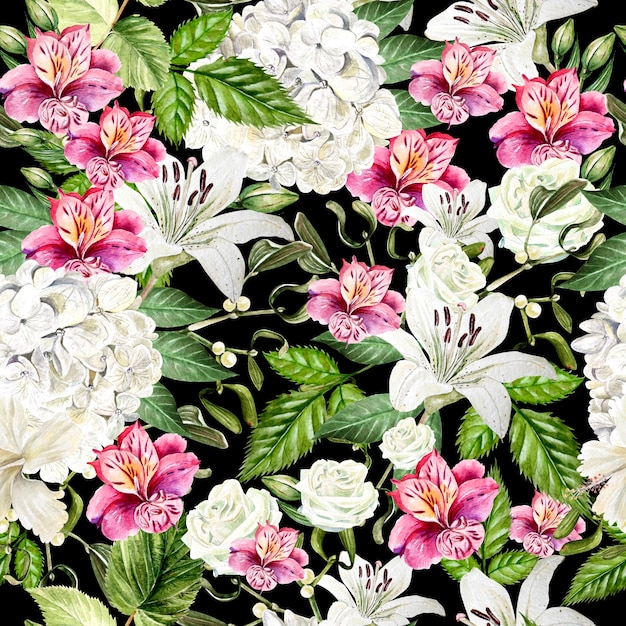 Beautiful watercolor seamless pattern with flowers of Alstroemeria, hudrangea, lily and rose. Illustration