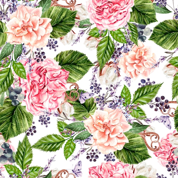 Beautiful watercolor seamless pattern with flowers of  rose, peony, lavender and cotton.  Illustration