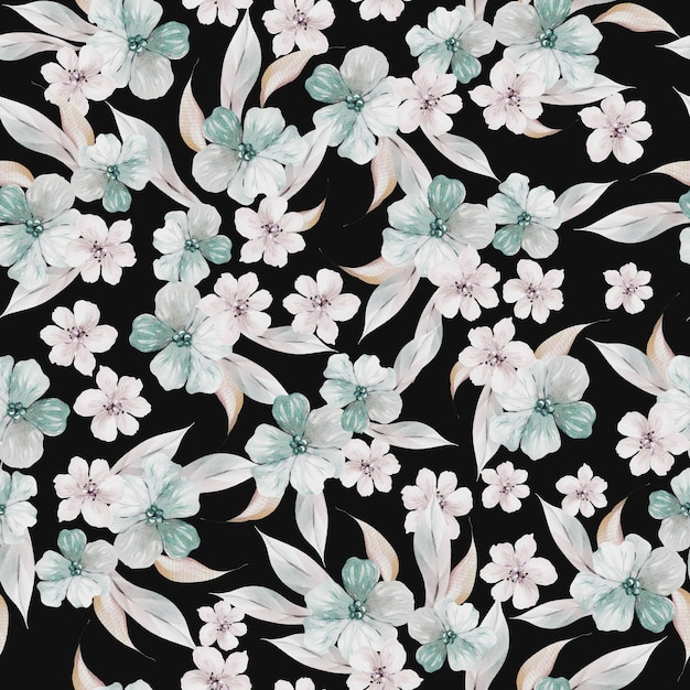 beautiful watercolor seamless pattern with leaves and small flowers