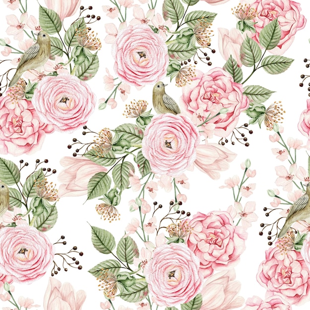 Beautiful watercolor seamless pattern with rose hip flowers and leaves. Illustration.