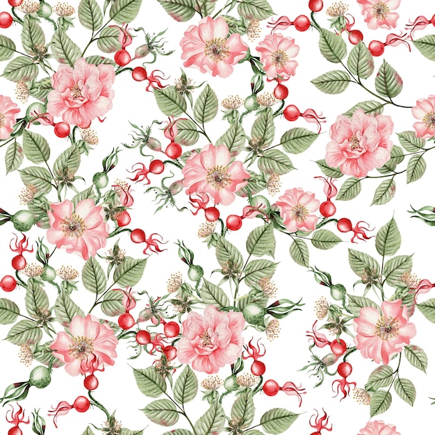 장미 엉덩이 꽃과 잎이 있는 아름다운 수채색 매끄러운 패턴입니다. 삽화.
