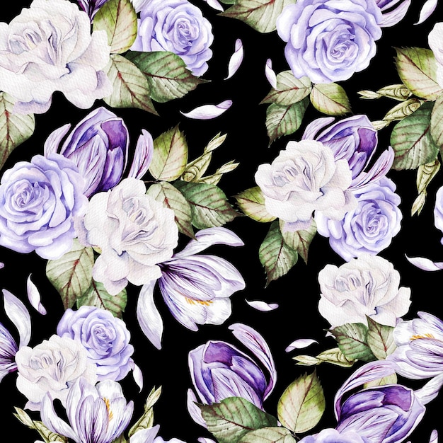 Beautiful watercolor seamless pattern with roses flowers and crocus