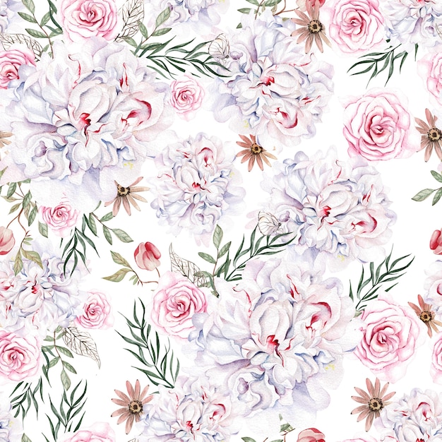 Beautiful watercolor seamless pattern with roses and peony flowers Illustration