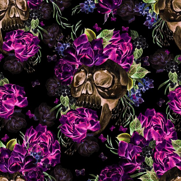 해골과 모란과 장미 꽃으로 된 아름다운 수채색 매끄러운 패턴입니다. 삽화