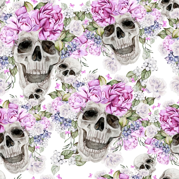 Beautiful watercolor seamless pattern with skull and flowers of peony and roses.  Illustration