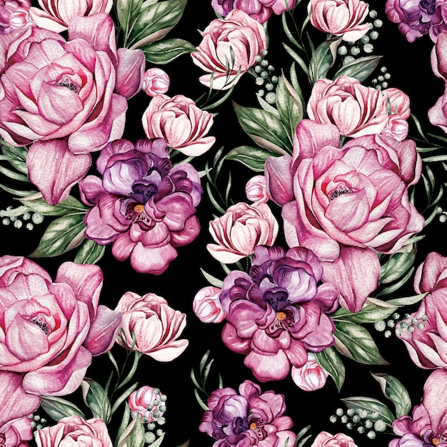 Beautiful Watercolor  seamless pattern with spring peony  and spirea flowers. Illustration