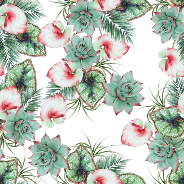 Beautiful watercolor seamless pattern with tropical leaves. Hand drawn.