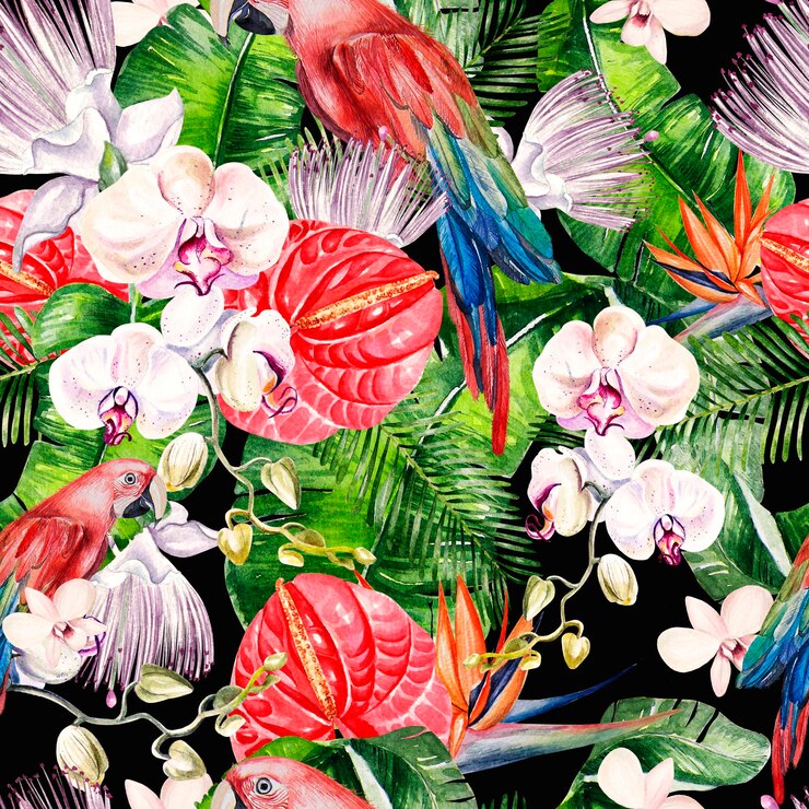 Photo beautiful watercolor seamless tropical jungle floral pattern background with palm leaves, flowers