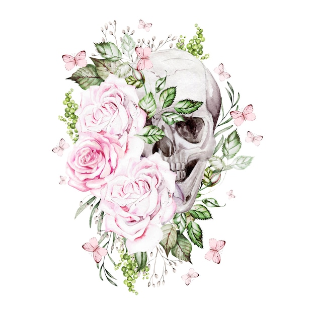 Beautiful watercolor skull with flowers of peony and roses. Illustration