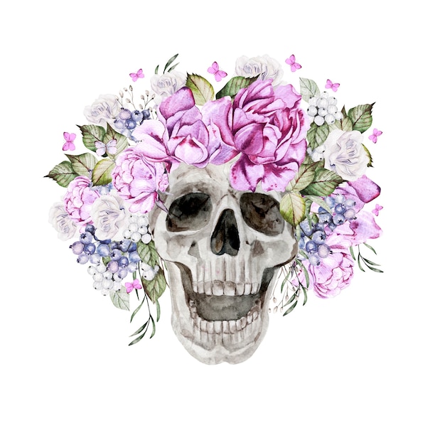 Beautiful watercolor skull with flowers of peony and roses. Illustration