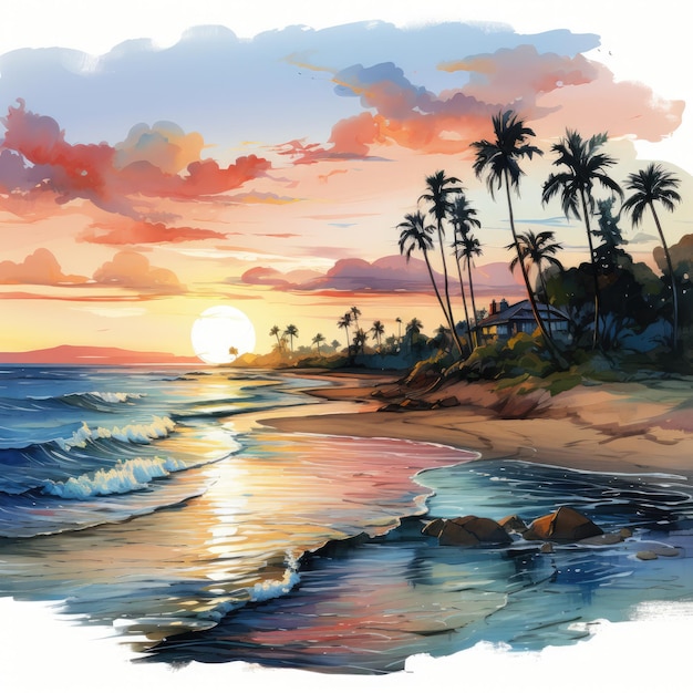 Beautiful Watercolor Sunrise on the Beach Clipart