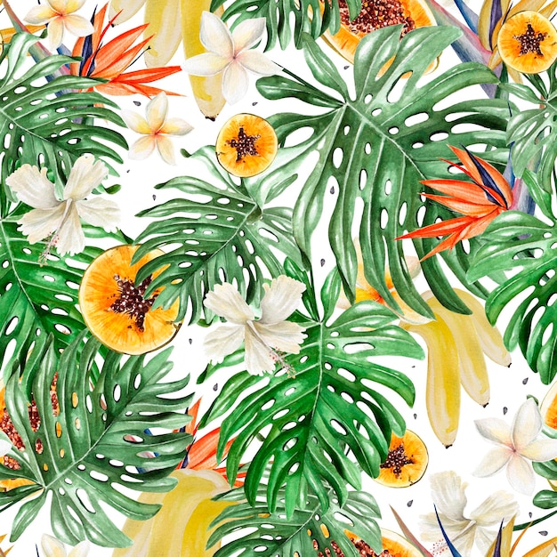 Beautiful watercolor tropical pattern with flowers of hibiscus and strelitzia Tropical fruits papaya and bananas