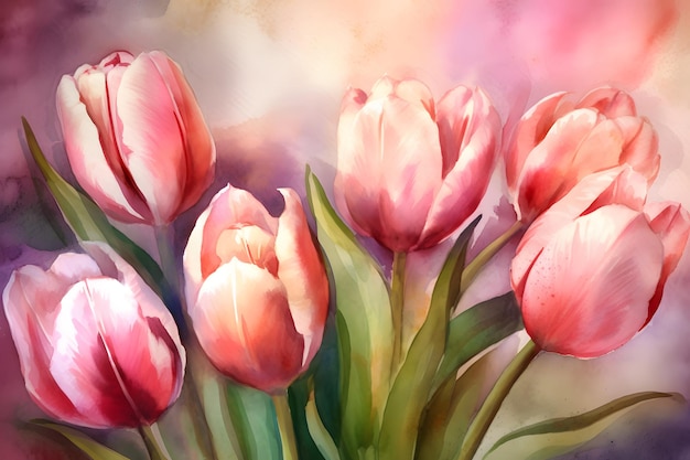 Beautiful watercolor tulips in stunning detail Generative AI