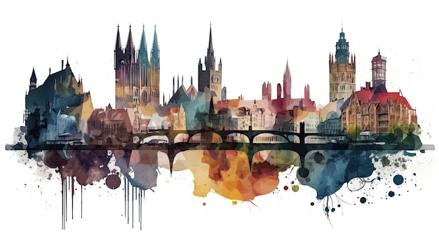 Beautiful Watercolor Urban Ghent City Skyline Generative AI