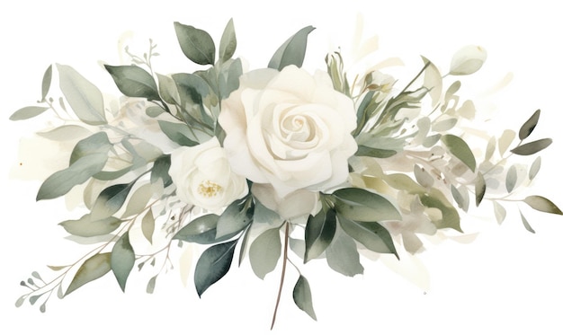 Beautiful watercolor wedding bouquet with white roses and eucalyptus Generative AI