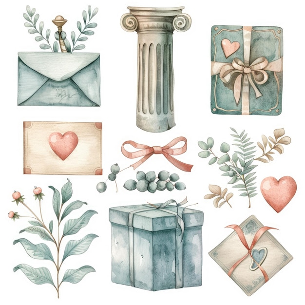 Photo beautiful watercolor wedding clipart set collection of lovely marriage elements love pastel colors