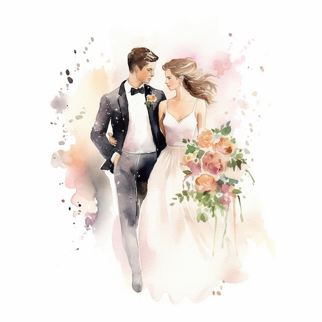 beautiful watercolor wedding couple