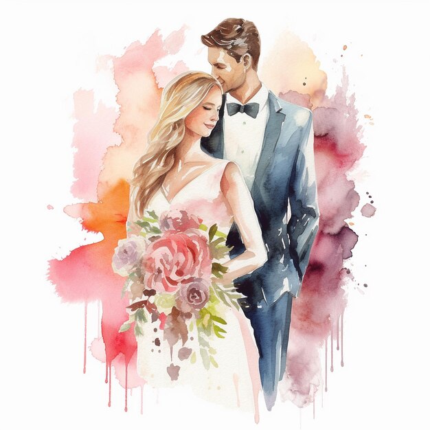 beautiful watercolor wedding couple