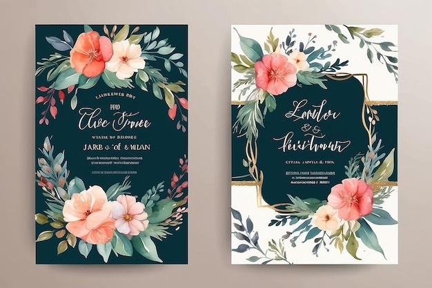 写真 エレガントなボヘミアの花と葉っぱで美しい水彩の結婚式の招待カード