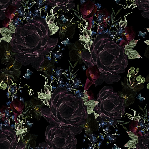 Photo beautiful watercolor with roses and blue flowers pattern on black background