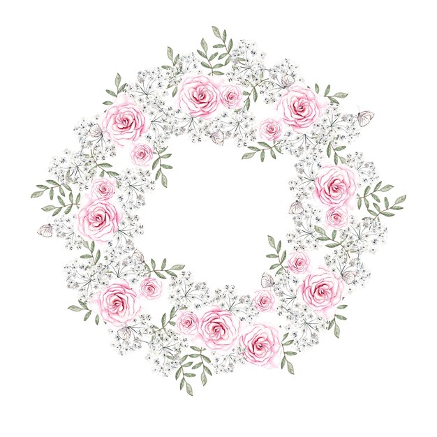 Foto bella corona ad acquerello con fiori di rose, gypsophila e foglie. illustrazione