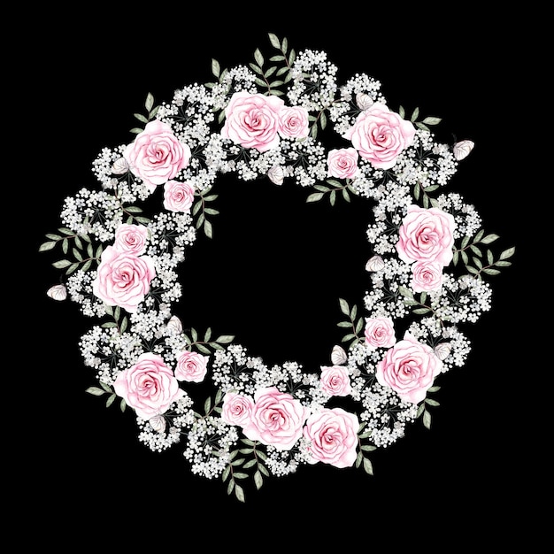 Beautiful watercolor wreath  with roses  flowers, gypsophila and leaves. Illustration