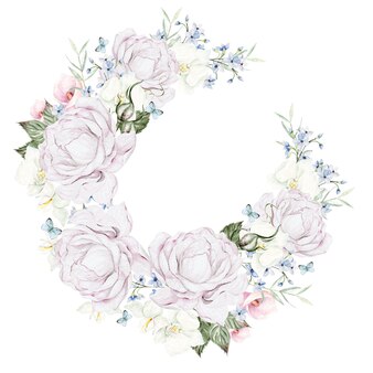 Bella ghirlanda ad acquerello con fiori di rosa bianca in forma rotonda su sfondo bianco
